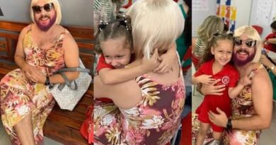 Pai viúvo se veste de ‘mãe’ para participar de homenagem na escola da filha