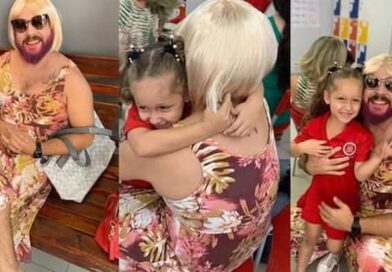 Pai viúvo se veste de ‘mãe’ para participar de homenagem na escola da filha