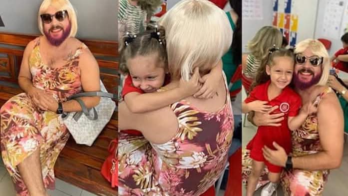 Pai viúvo se veste de ‘mãe’ para participar de homenagem na escola da filha