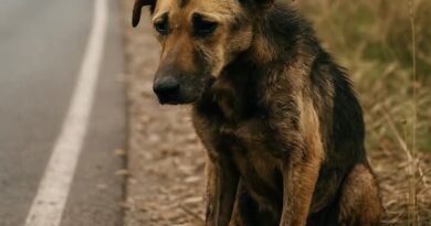 A cachorra sentada na beira da estrada