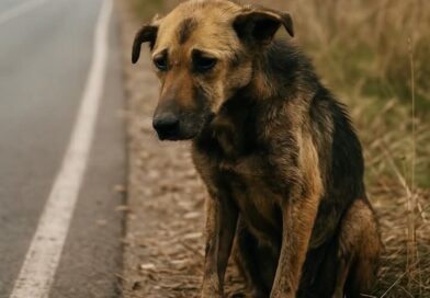 A cachorra sentada na beira da estrada