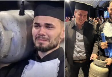 Aos 22 anos, formando atravessa o palco com um botijão de gás nos ombros para homenagear os 26 anos de trabalho do pai e transforma a formatura em um reconhecimento público à história profissional que marcou sua família