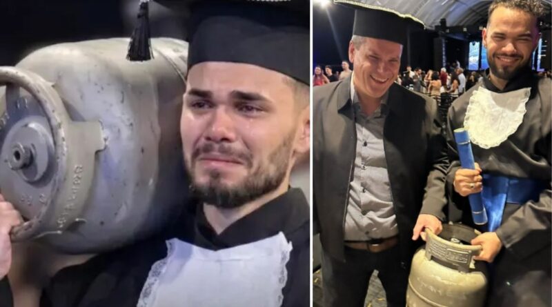 Aos 22 anos, formando atravessa o palco com um botijão de gás nos ombros para homenagear os 26 anos de trabalho do pai e transforma a formatura em um reconhecimento público à história profissional que marcou sua família