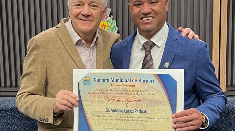 Vereador Leandro Canaã homenageia o Servidor Antônio Pasinato com Moção de Aplausos pelos relevantes serviços prestados ao município de Barueri Vereador Leandro Canaã homenageia o Servidor Antônio Pasinato com Moção de Aplausos pelos relevantes serviços prestados ao município de Barueri