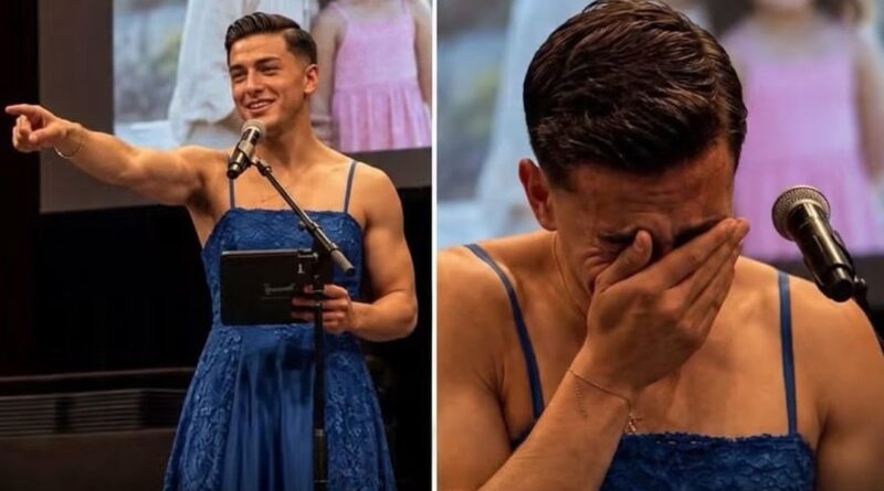 O formando Gabriel entra vestido de mulher no dia da sua formatura para homenagear a irmã que havia morrido O formando Gabriel entra vestido de mulher no dia da sua formatura para homenagear a irmã que havia morrido